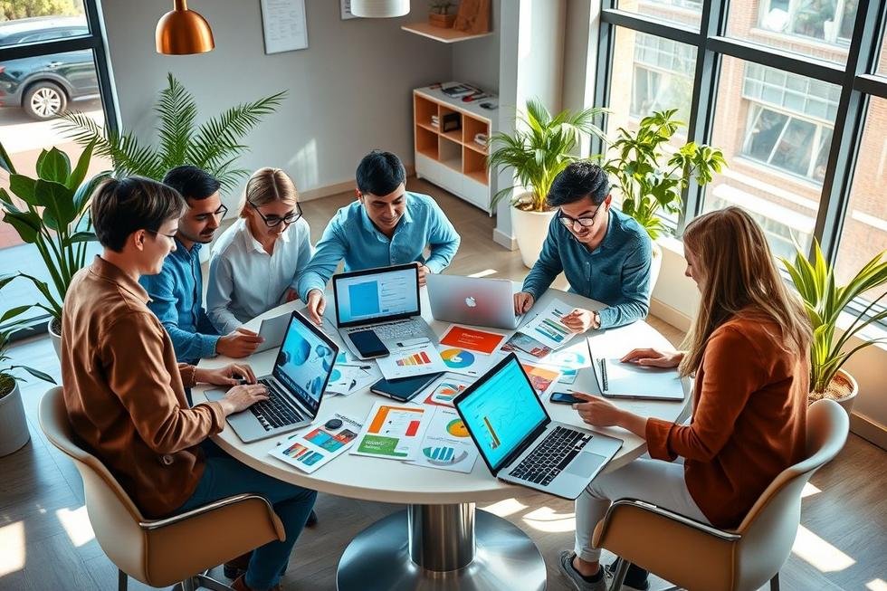 Empresários e profissionais de marketing reunidos com laptops e gráficos discutindo estratégias de marketing e vendas.