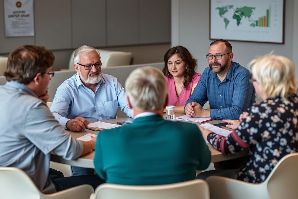 Grupo de clientes compartilhando feedback em uma mesa redonda.