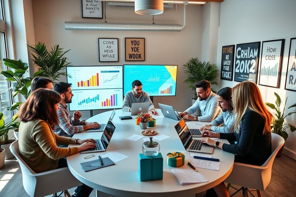 Uma equipe de marketing digital colaborando em estratégias para aumento de vendas.