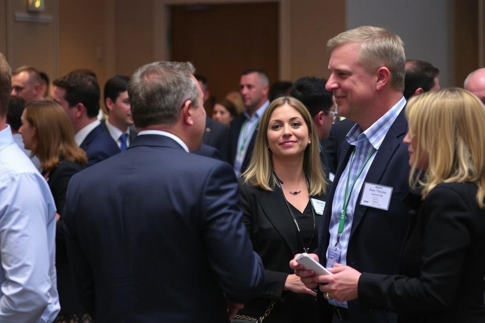 Profissionais trocando informações e se conectando em um evento.