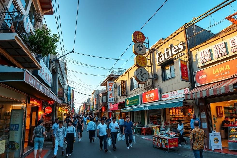 Bairro comercial com várias pequenas empresas.