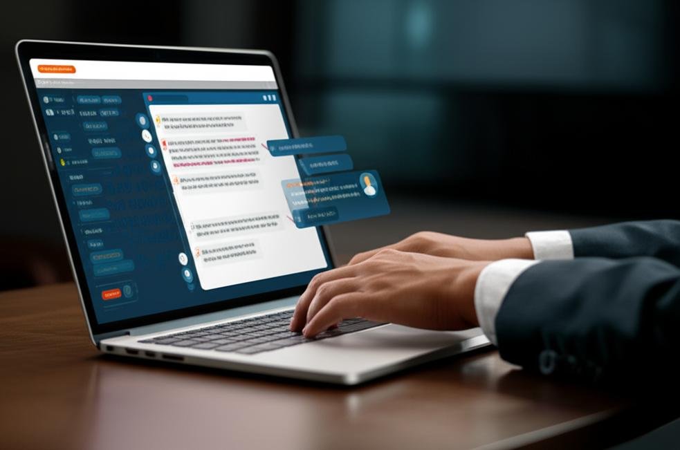 Imagem mostrando um advogado utilizando um chatbot para atendimento ao cliente.