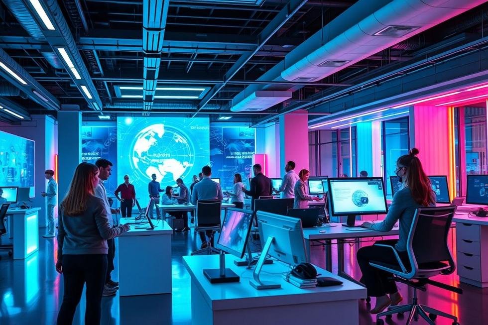 Imagem representando a colaboração entre advogados e profissionais de marketing digital com tecnologias de inteligência artificial.