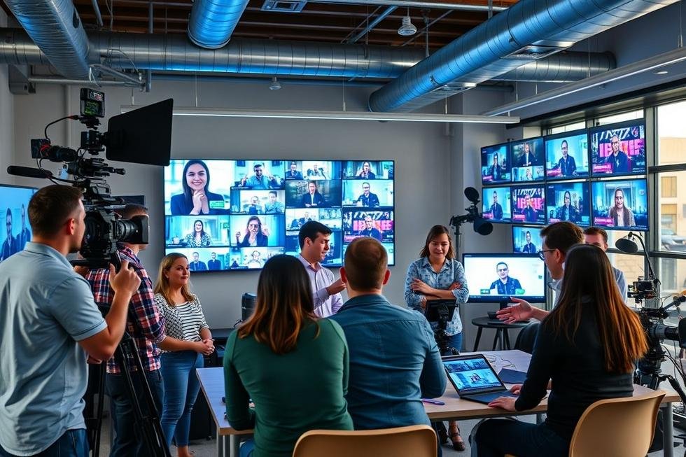 Time de profissionais em um ambiente de escritório moderno planejando estratégias de marketing.