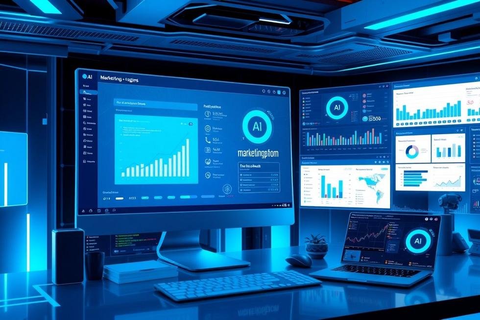 Espaço de trabalho digital futurista representando tecnologia de marketing.