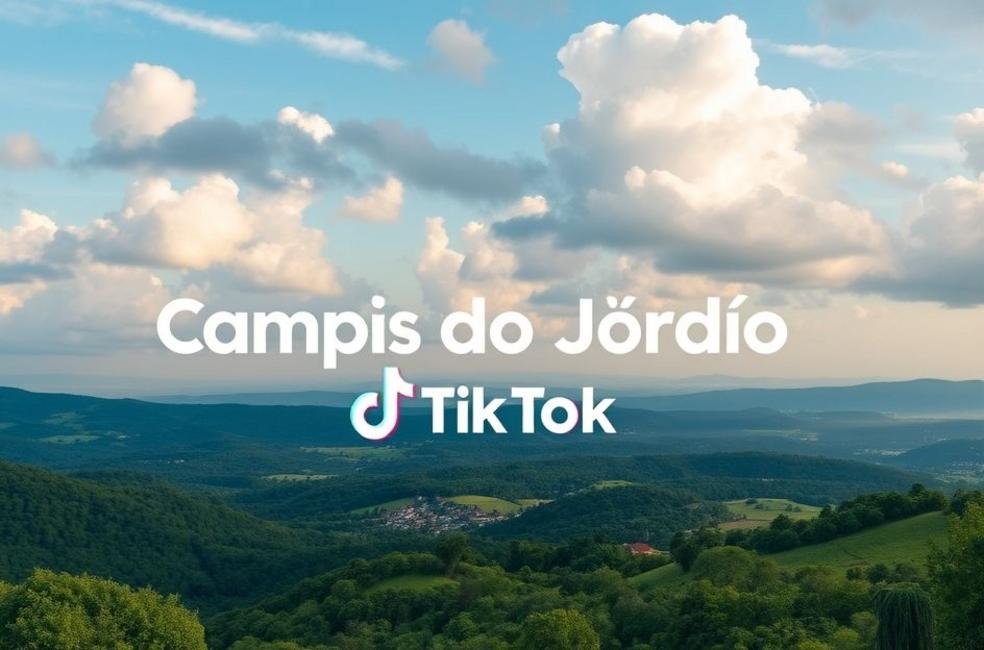 Paisagem de Campos do Jordão com elementos de marketing digital.