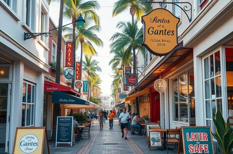 Rua de Santos com uma variedade de lojas e restaurantes.
